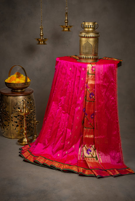 Yeola Paithani Naarali Border Pure Silk Hot Pink