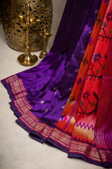 Yeola Paithani Naarali Border Handloom Pure Silk Purple Hot pink 