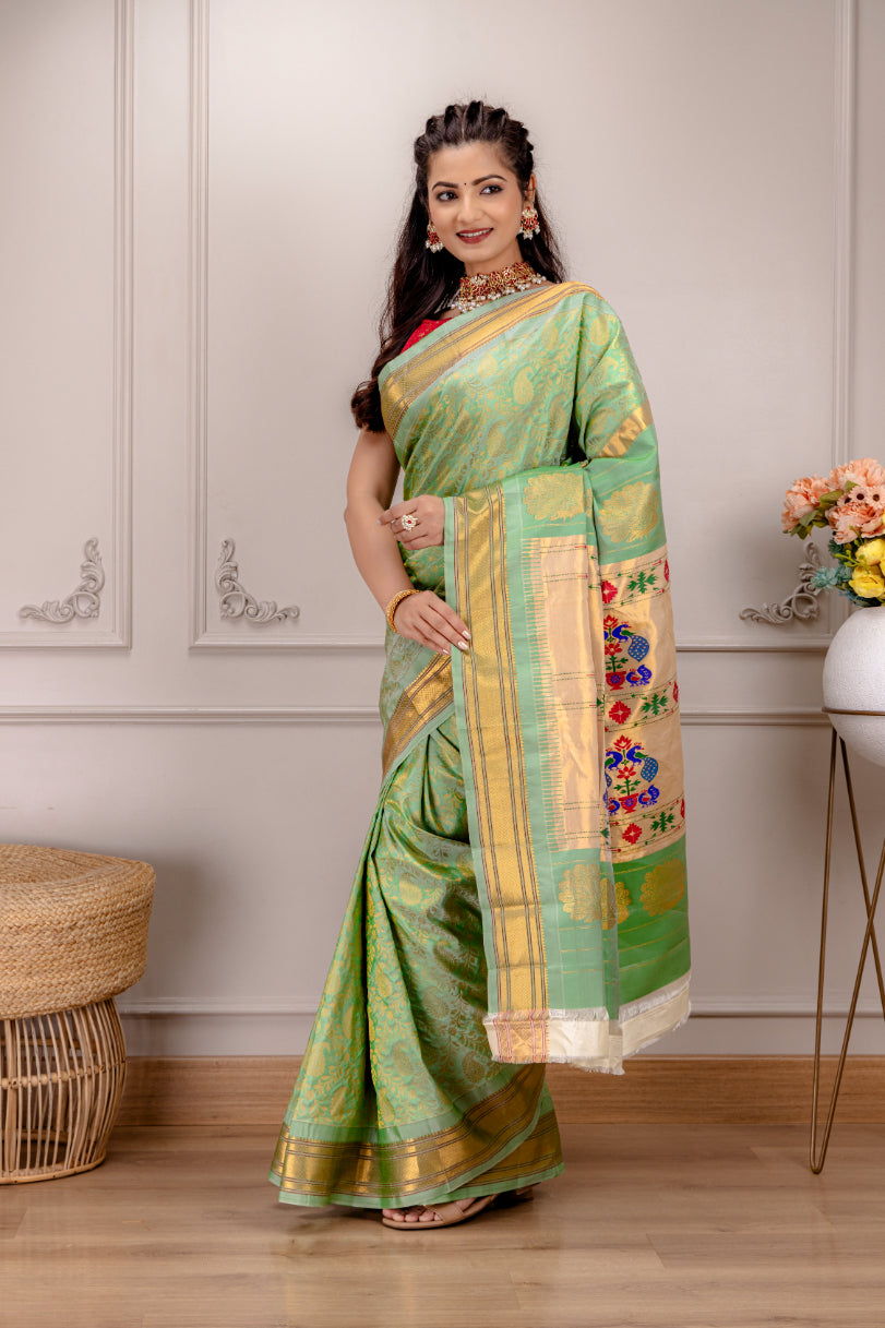 Brocade Maharani Paithani Handloom Pure Silk With Stitched Blouse AUS