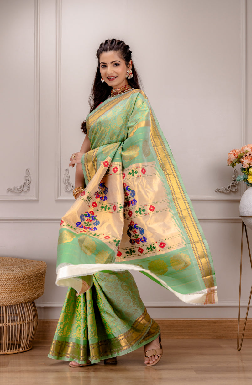 Brocade Maharani Paithani Handloom Pure Silk With Stitched Blouse AUS