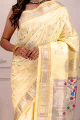 Maharani Kalanjali Pastel shade (custard cream) Silver Zari Paithani Handloom Pure Silk AUS