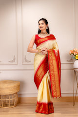 Gadwal Handloom Pure Silk Cream with Red Combo Pre-Stitched Blouse AUS