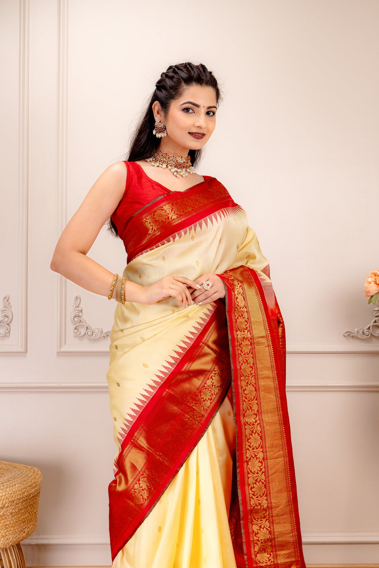 Gadwal Handloom Pure Silk Cream with Red Combo Pre-Stitched Blouse AUS