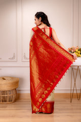 Gadwal Handloom Pure Silk Cream with Red Combo Pre-Stitched Blouse AUS