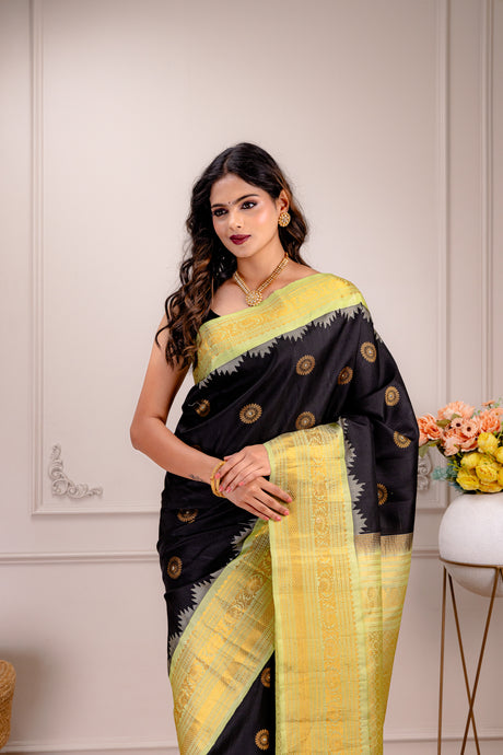 Gadwal Handloom Pure Silk Black Green Combo AUS