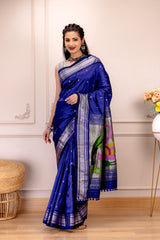 Yeola Paithani Naarali Border Silver Zari Handloom Pure Silk with Pre-Stitched Blouse AUS