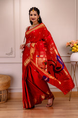 Yeola Paithani Naarali Border Handloom Pure Silk Red AUS