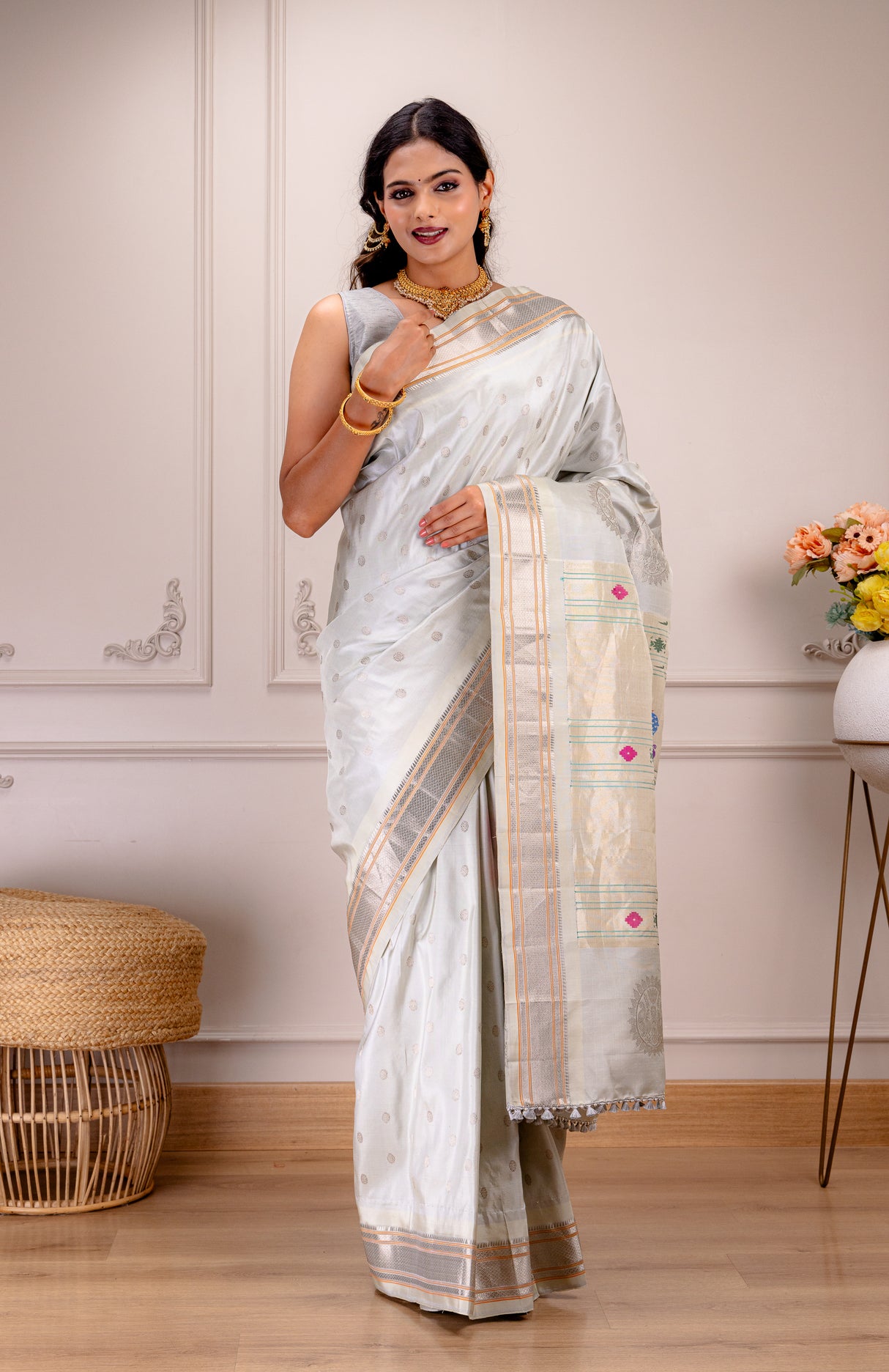 Maharani Kalanjali Paithani Pastel Shade (Silver Grey) Silver Zari Handloom Pure Silk AUS