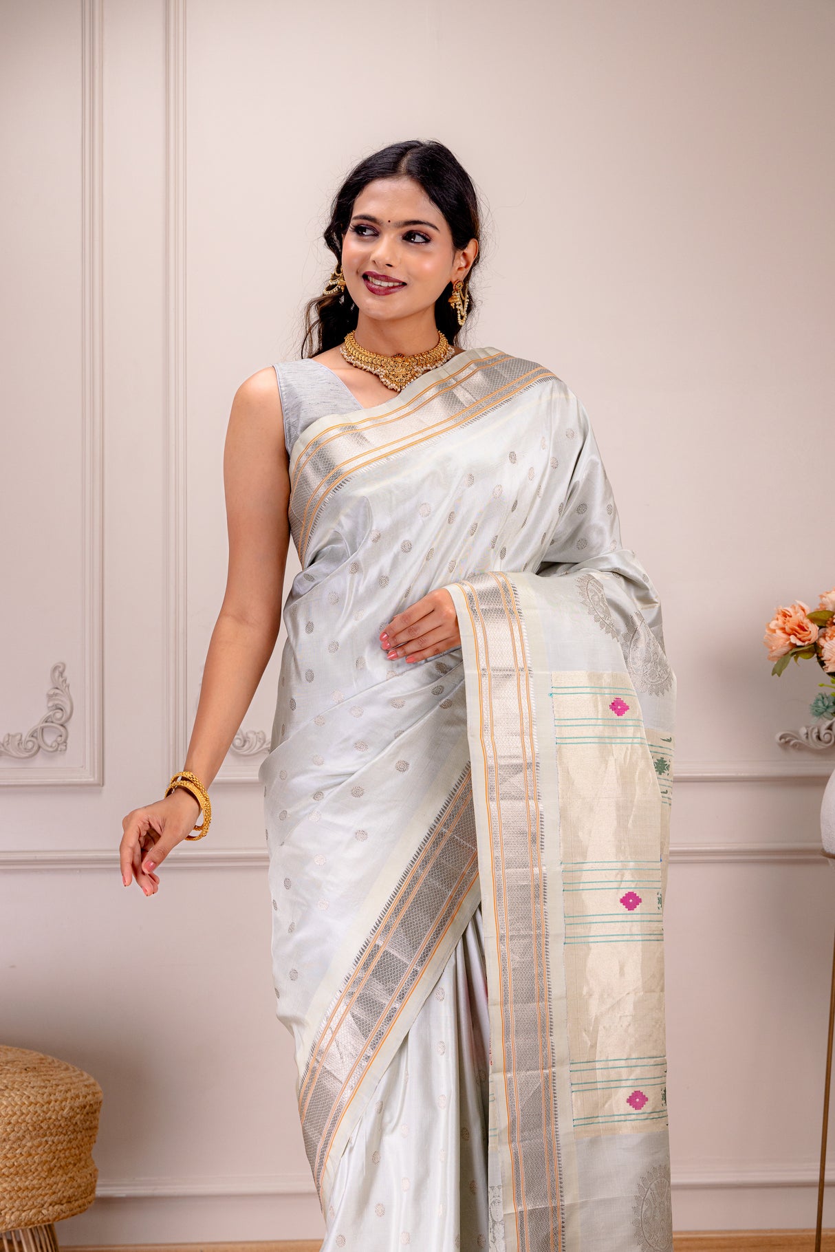 Maharani Kalanjali Paithani Pastel Shade (Silver Grey) Silver Zari Handloom Pure Silk AUS