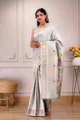 Maharani Kalanjali Paithani Pastel Shade (Silver Grey) Silver Zari Handloom Pure Silk AUS