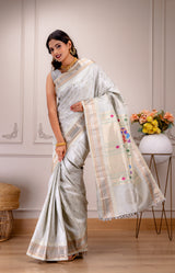 Maharani Kalanjali Paithani Pastel Shade (Silver Grey) Silver Zari Handloom Pure Silk AUS