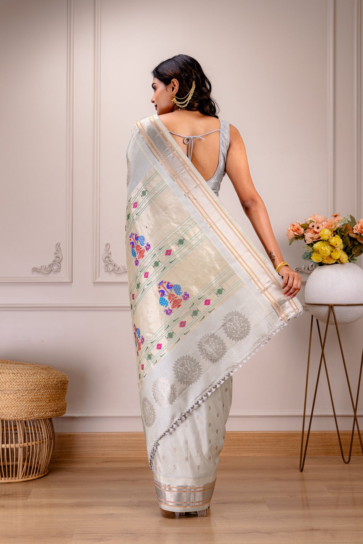 Maharani Kalanjali Paithani Pastel Shade (Silver Grey) Silver Zari Handloom Pure Silk AUS