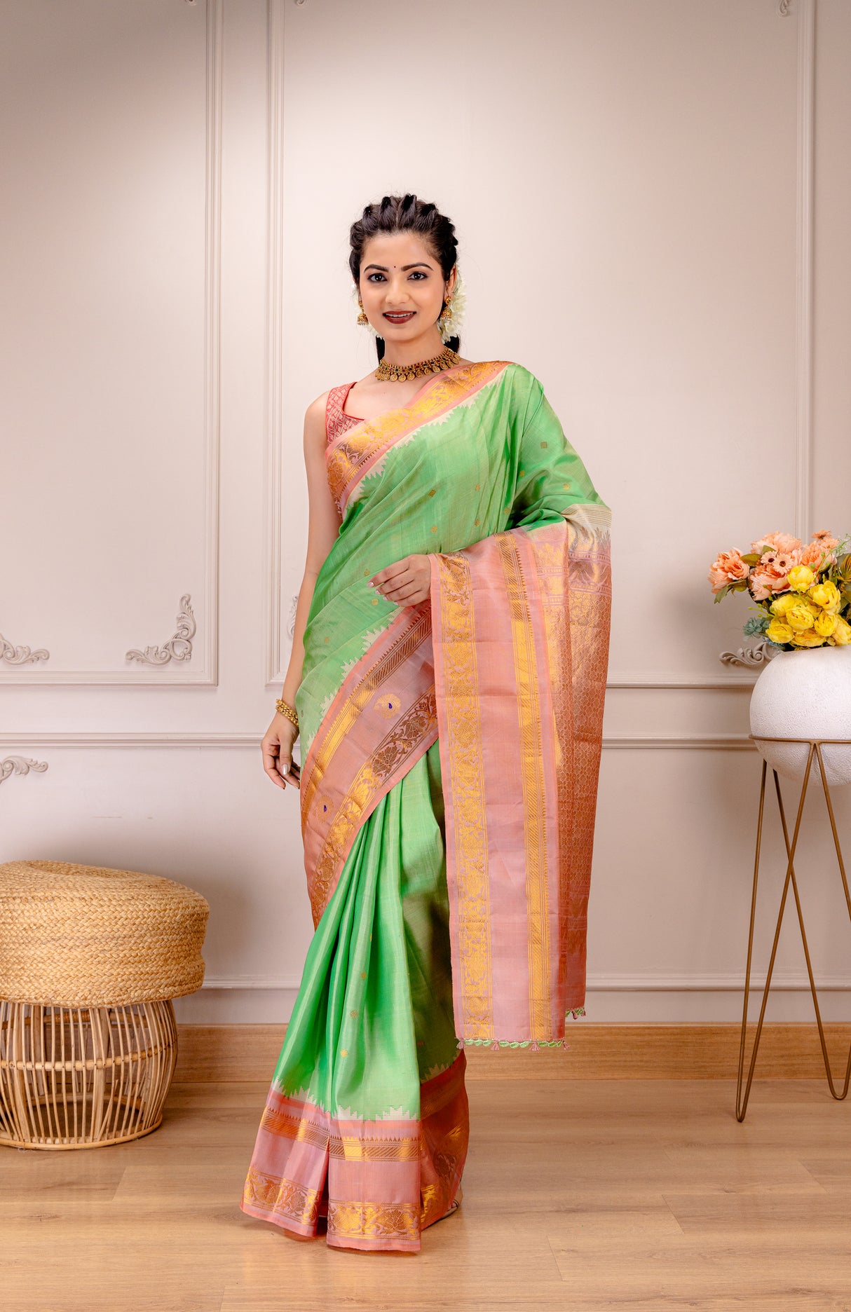 Gadwal Handloom Pure Silk Pista Aboli Combo AUS