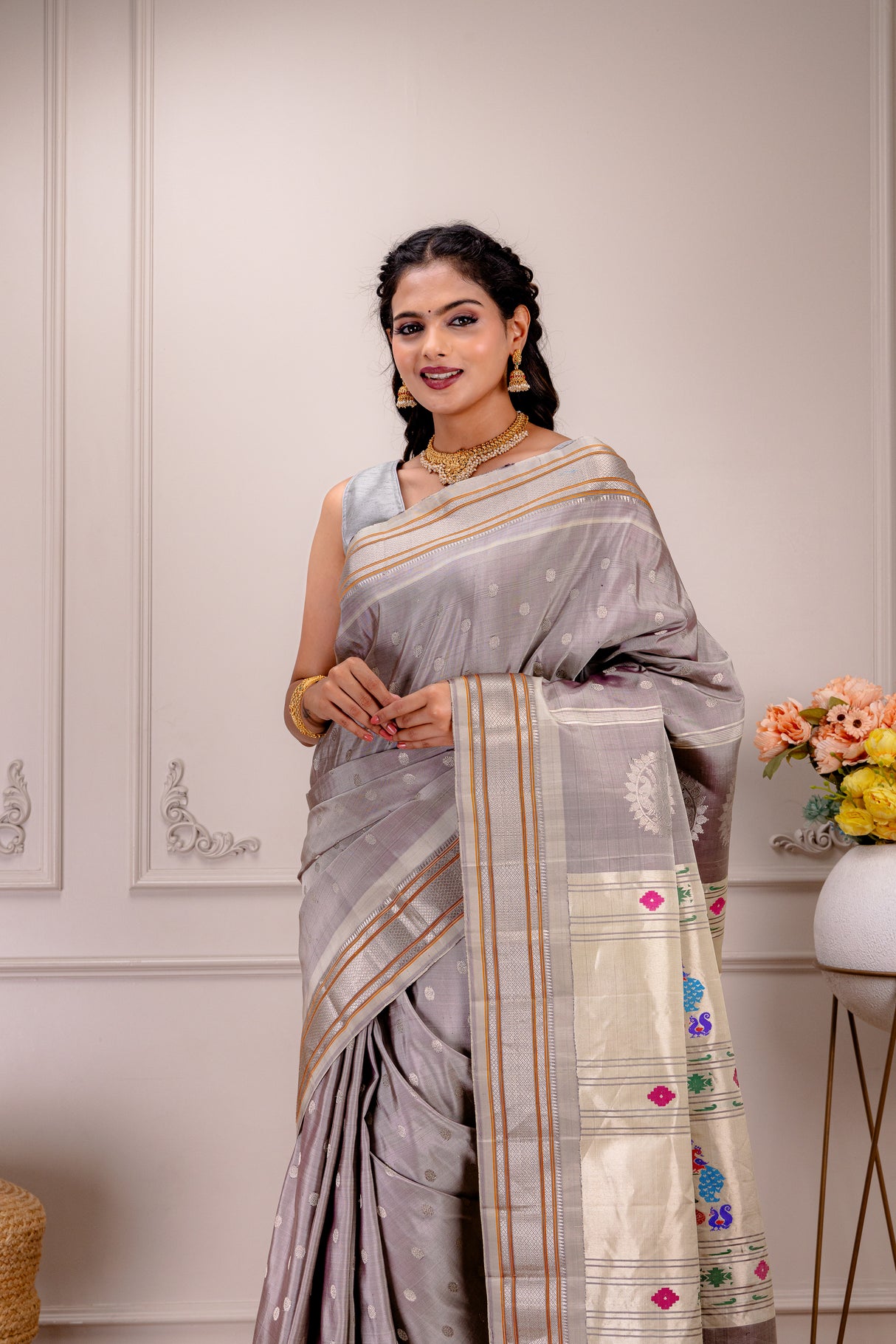 Maharani Kalanjali Paithani Pastel Shade (Mauve grey mix)  Silver Zari Handloom Pure Silk AUS