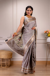 Maharani Kalanjali Paithani Pastel Shade (Mauve grey mix)  Silver Zari Handloom Pure Silk AUS