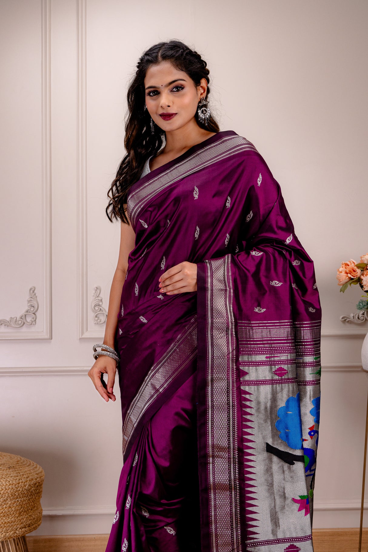 Yeola Paithani Naarali Border Silver Zari Handloom Pure Silk With Pre-Stitched Blouse AUS