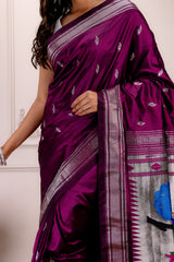 Yeola Paithani Naarali Border Silver Zari Handloom Pure Silk With Pre-Stitched Blouse AUS