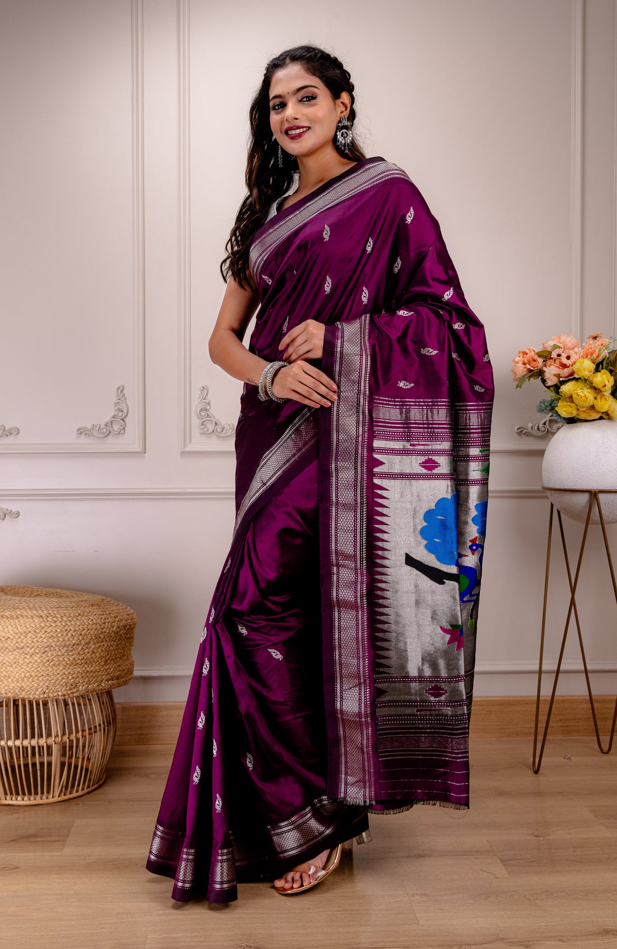 Yeola Paithani Naarali Border Silver Zari Handloom Pure Silk With Pre-Stitched Blouse AUS