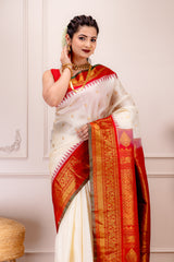 USA Gadwal Handloom Pure Silk cream with red combo 57