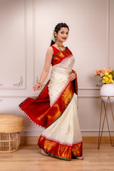 USA Gadwal Handloom Pure Silk cream with red combo 57