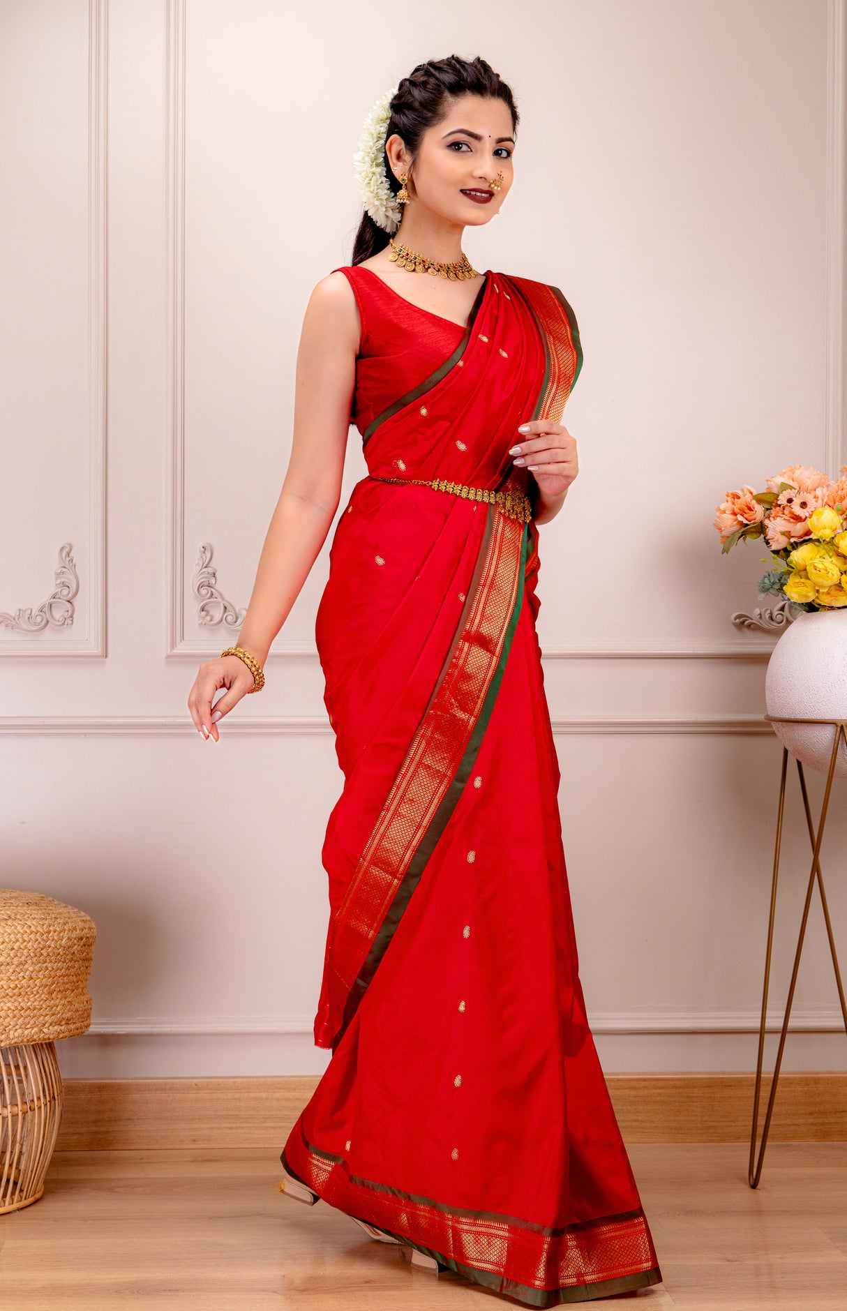 Yeola Paithani Naarali Border Handloom Pure Silk Red BLR