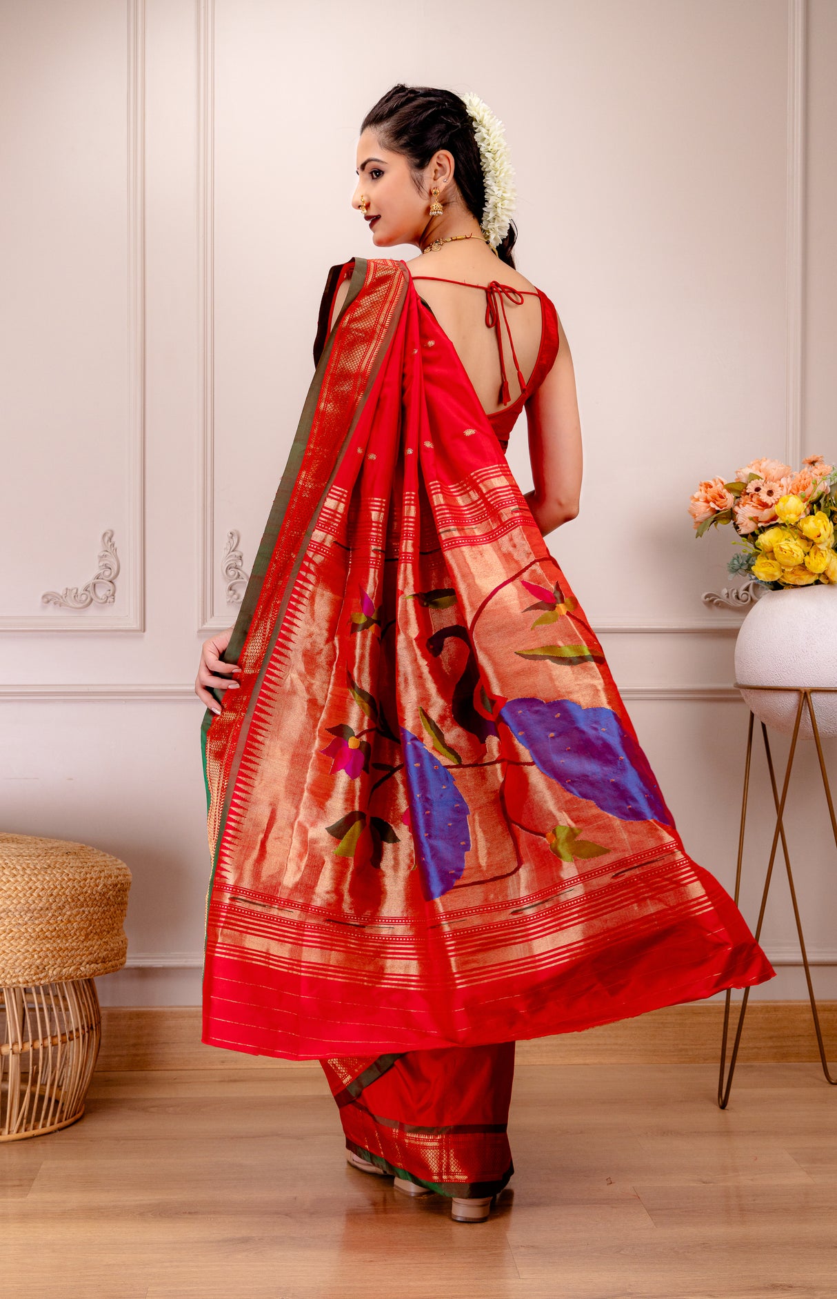 Yeola Paithani Naarali Border Handloom Pure Silk Red BLR