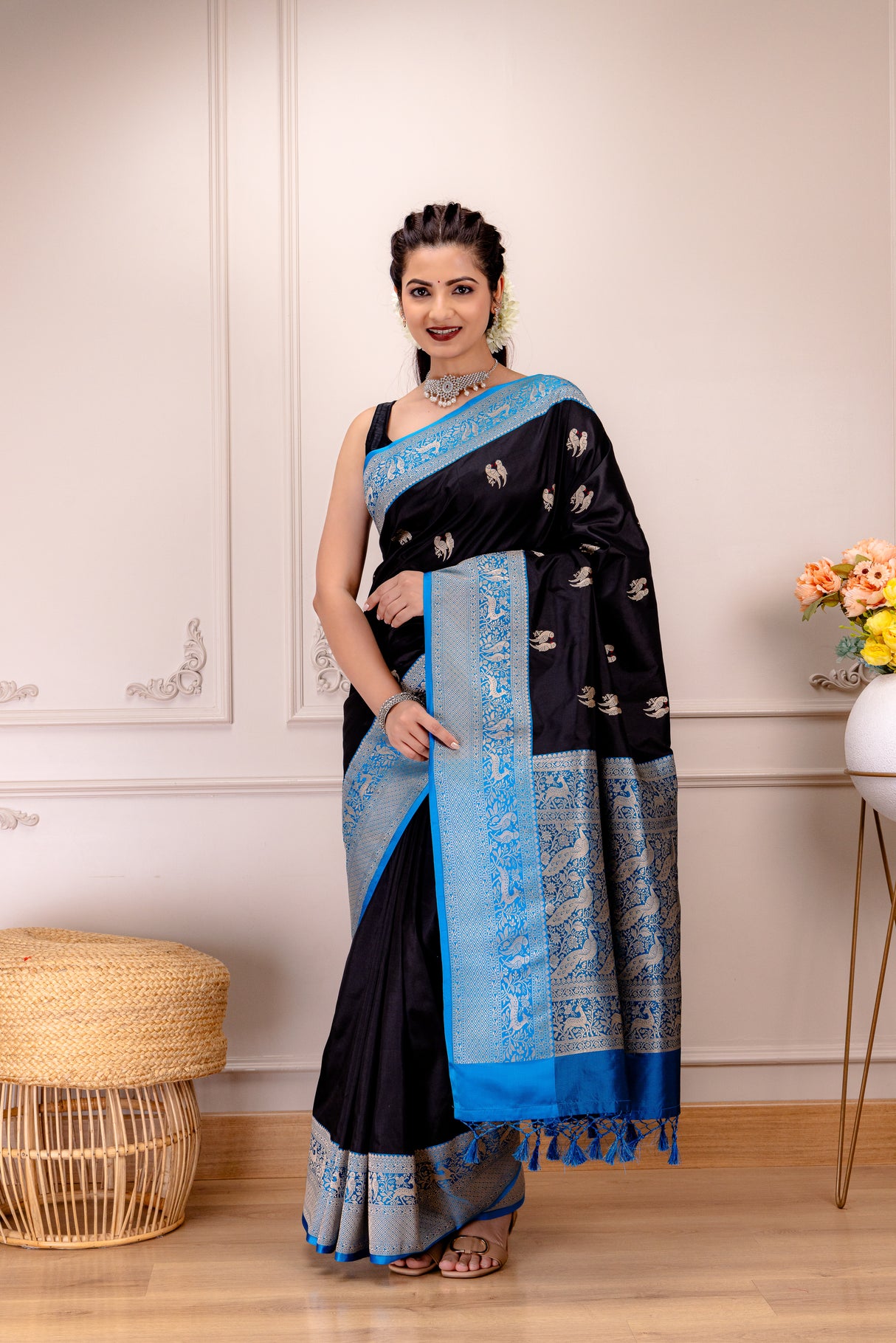  banarasi katan silk saree with pre stitched blouse