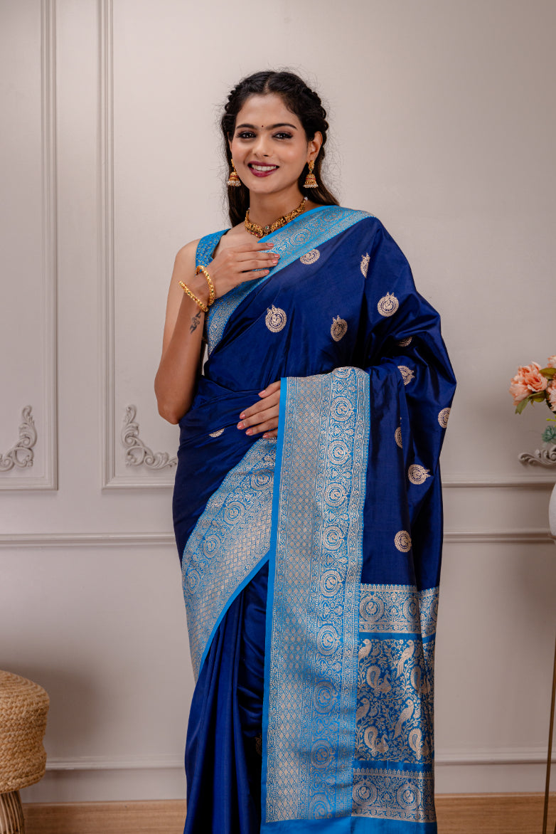 Dark Blue Banaras Katan Silk with peacock motifs Pre-Stitched Blouse  AUS