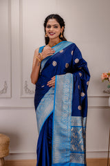 Dark Blue Banaras Katan Silk with peacock motifs Pre-Stitched Blouse  AUS