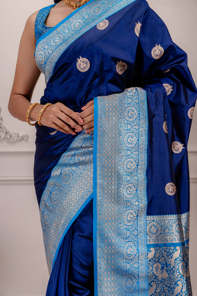 Dark Blue Banaras Katan Silk with peacock motifs Pre-Stitched Blouse  AUS