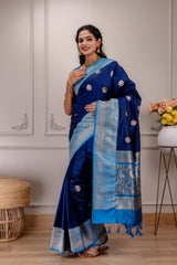 Dark Blue Banaras Katan Silk with peacock motifs Pre-Stitched Blouse  AUS