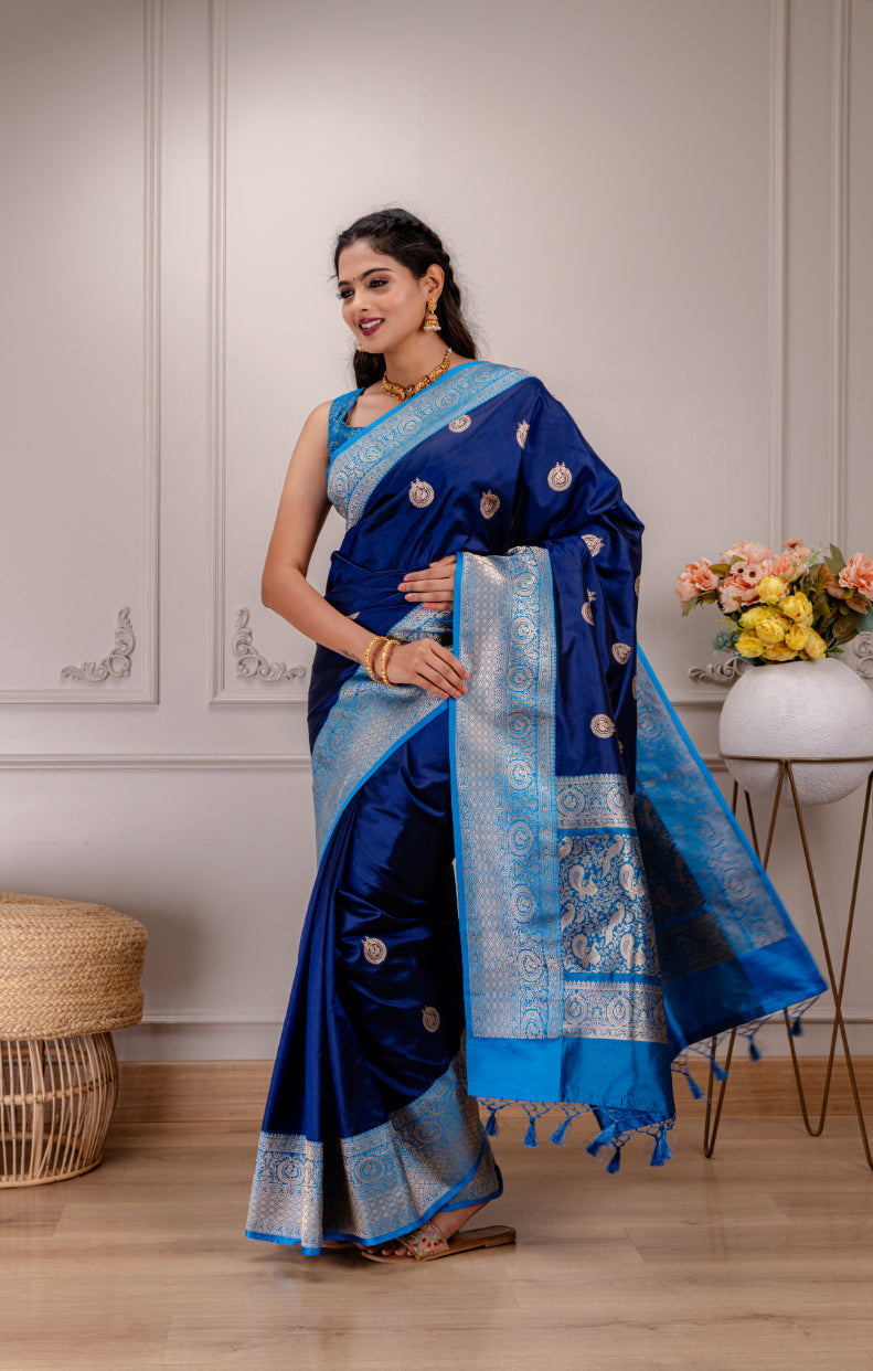 Dark Blue Banaras Katan Silk with peacock motifs Pre-Stitched Blouse  AUS