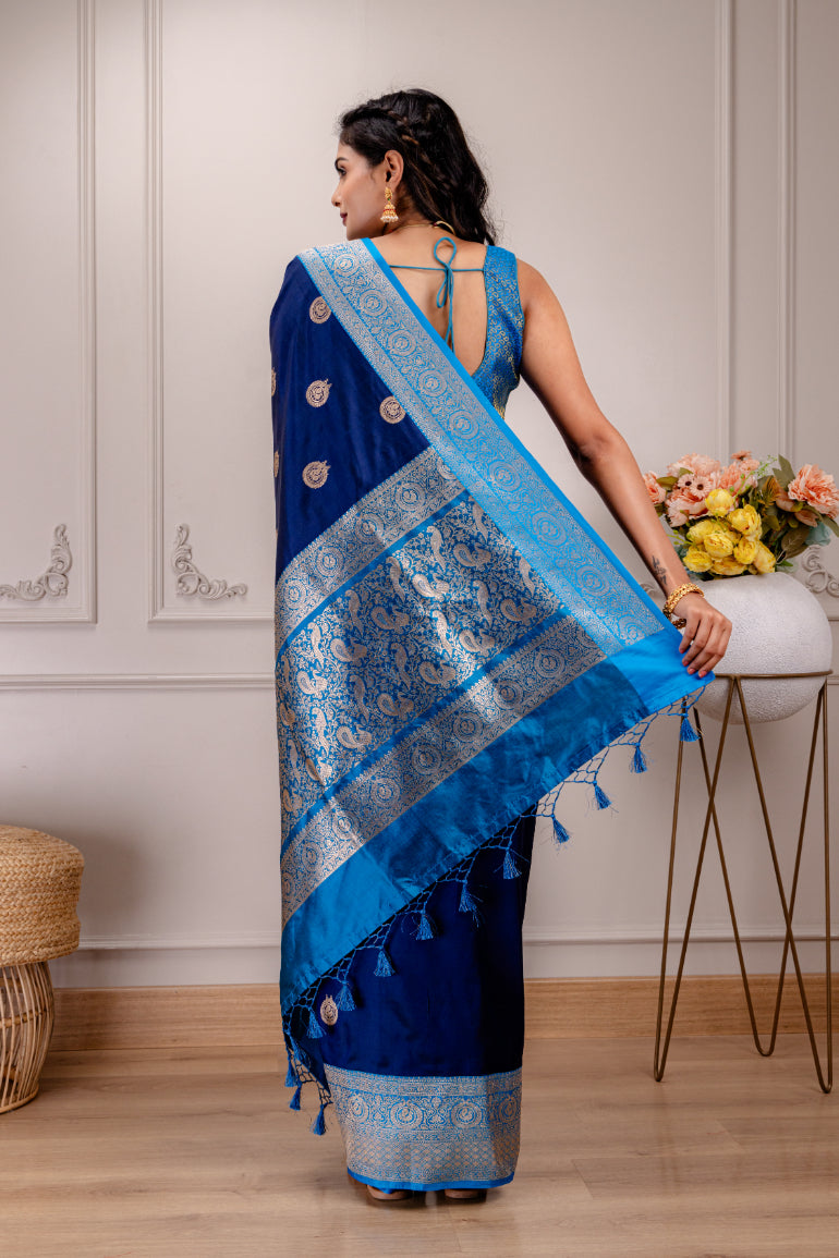 Dark Blue Banaras Katan Silk with peacock motifs Pre-Stitched Blouse  AUS