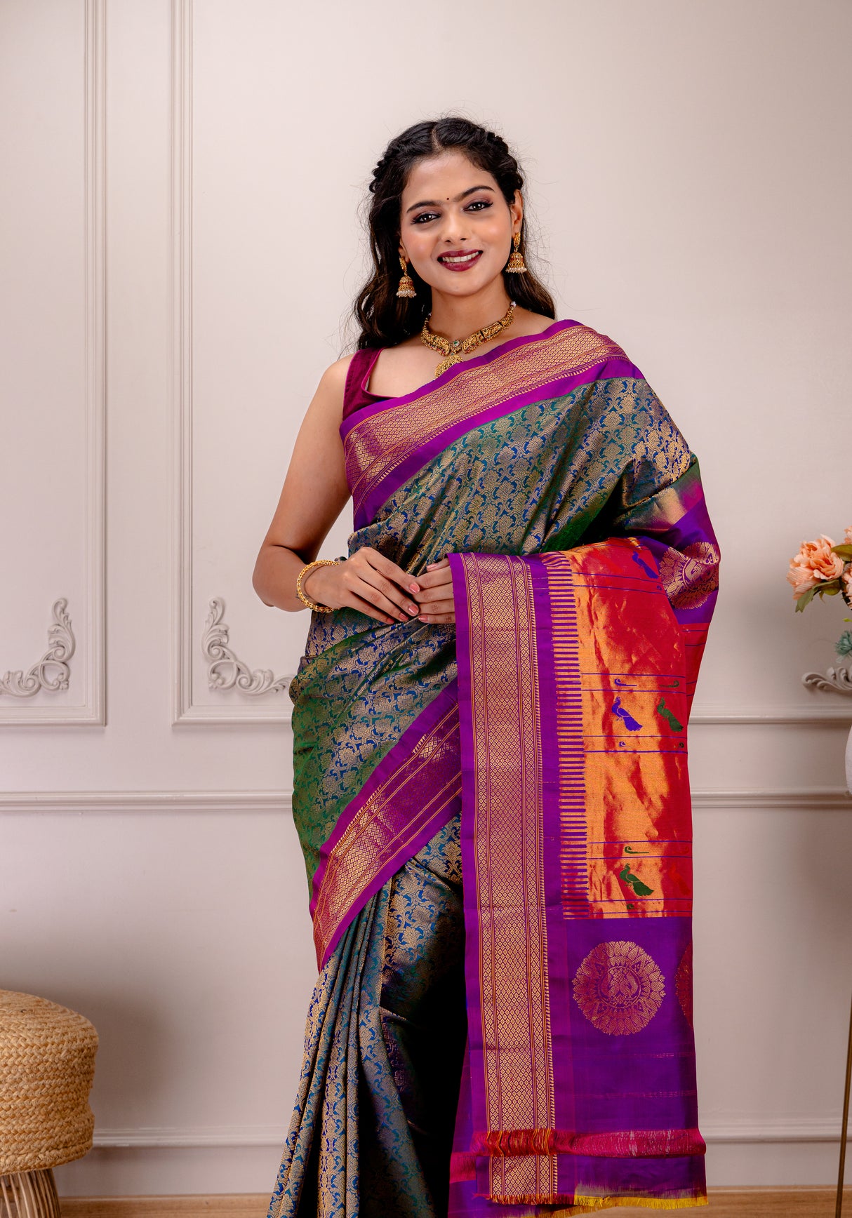 Maharani Paithani X Kanchipuram brocade fusion Handloom Pure Silk With Stitched Blouse AUS