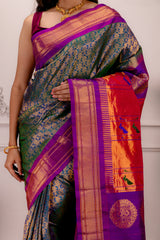 Maharani Paithani X Kanchipuram brocade fusion Handloom Pure Silk With Stitched Blouse AUS