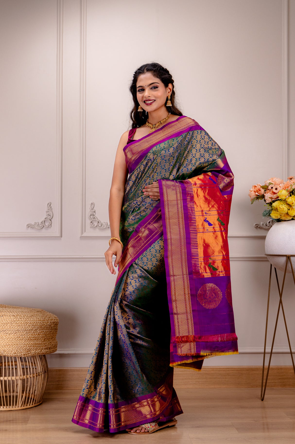 Maharani Paithani X Kanchipuram brocade fusion Handloom Pure Silk With Stitched Blouse AUS