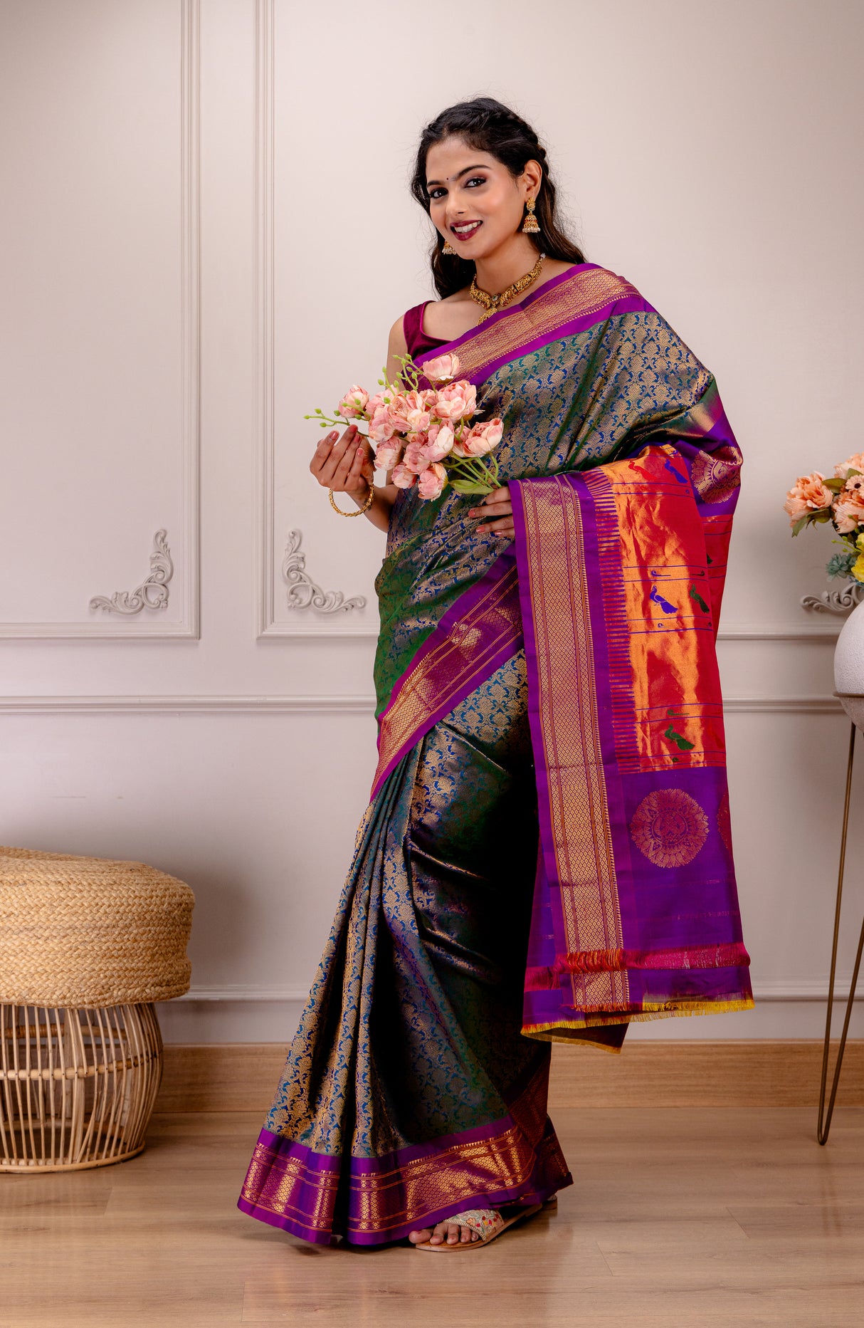 Maharani Paithani X Kanchipuram brocade fusion Handloom Pure Silk With Stitched Blouse AUS