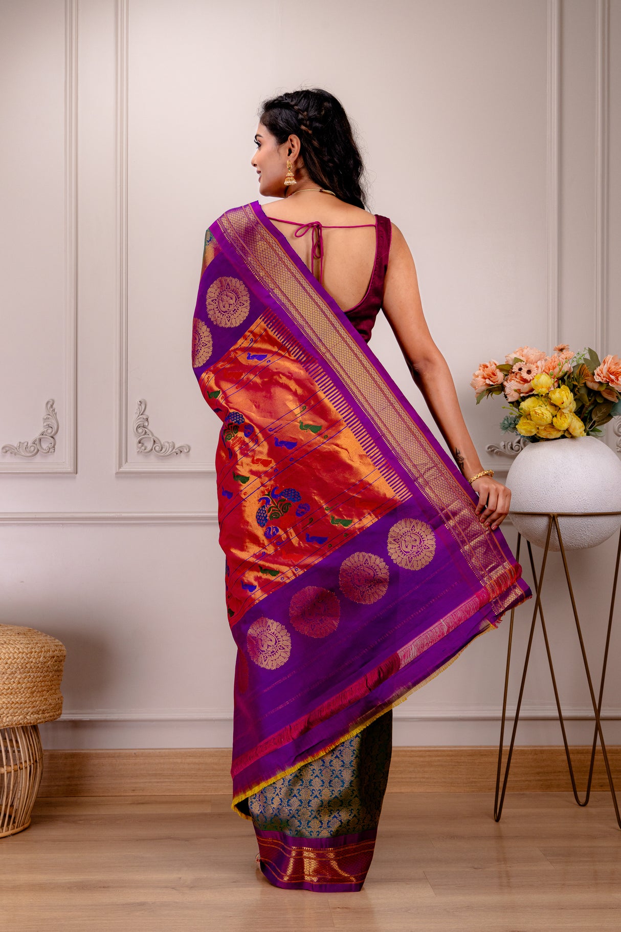 Maharani Paithani X Kanchipuram brocade fusion Handloom Pure Silk With Stitched Blouse AUS