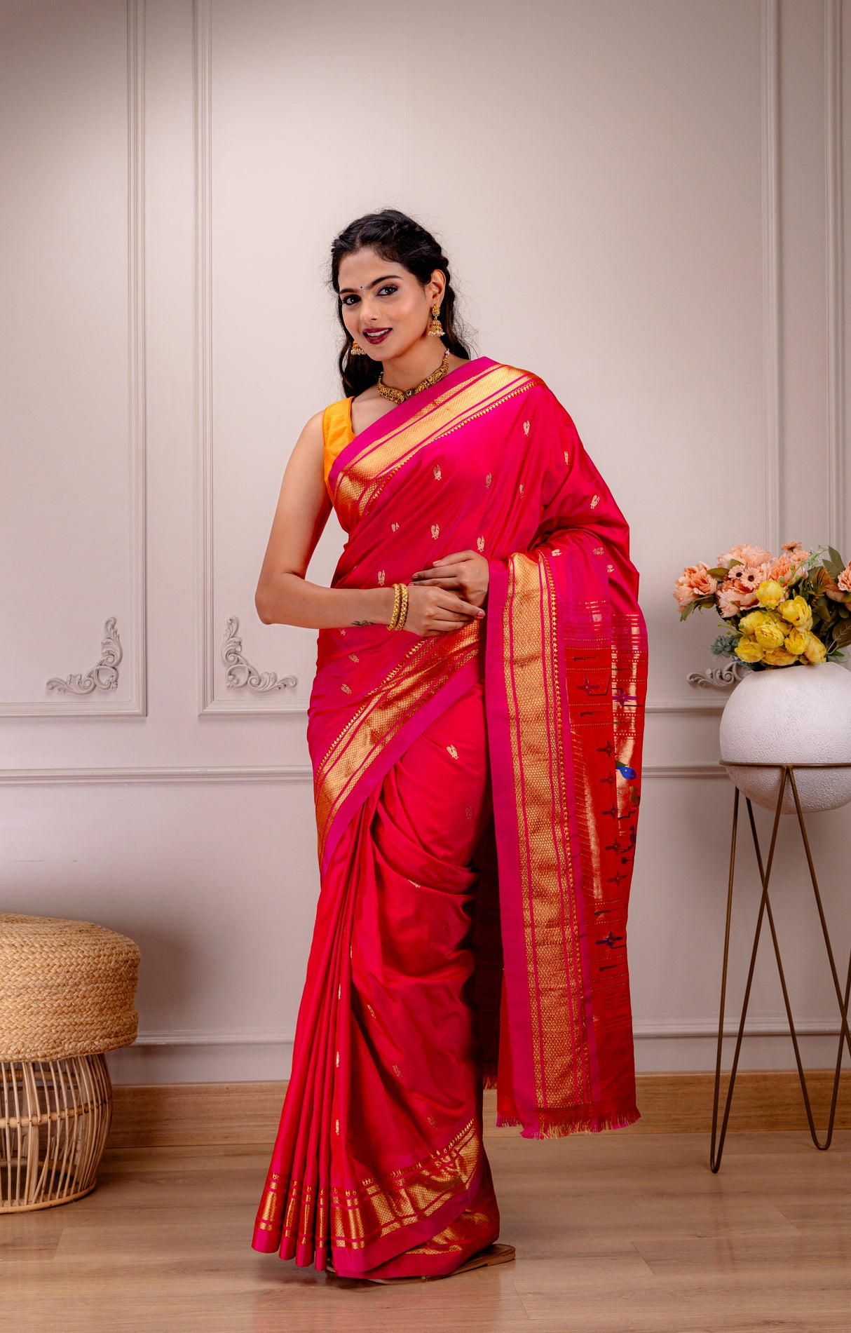 Yeola Paithani Naarali Border Handloom Pure Silk Rani Pink BLR