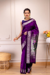 Yeola Paithani Naarali Border Silver Zari Handloom Pure Silk With Pre-Stitched Blouse AUS