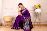 Yeola Paithani Naarali Border Silver Zari Handloom Pure Silk With Pre-Stitched Blouse AUS