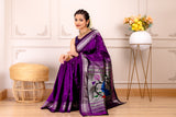 Yeola Paithani Naarali Border Silver Zari Handloom Pure Silk With Pre-Stitched Blouse AUS