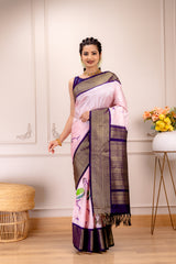 Ikkat Kanchipuram Fusion Handloom Pure Silk Crane Design With Pre-Stitched Blouse AUS