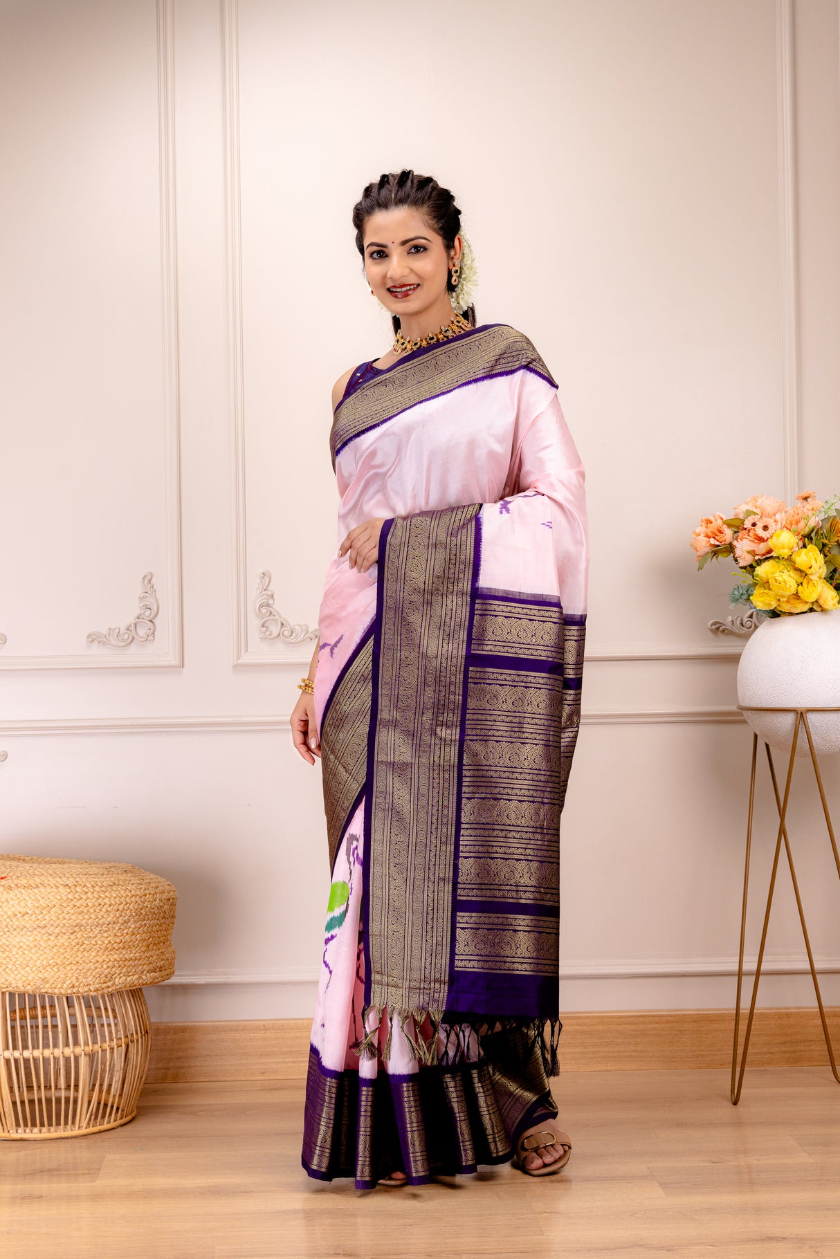 Ikkat Kanchipuram Fusion Handloom Pure Silk Crane Design With Pre-Stitched Blouse AUS