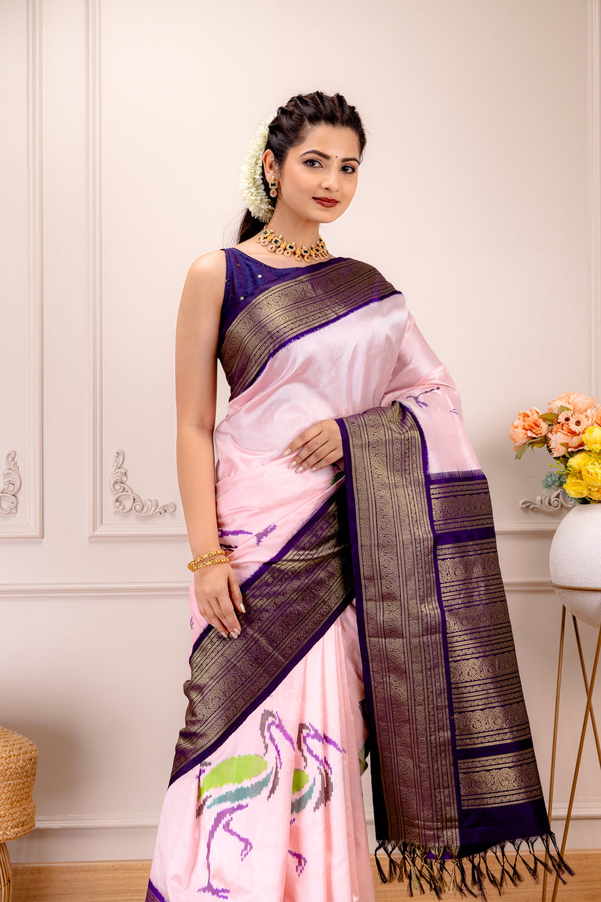 Ikkat Kanchipuram Fusion Handloom Pure Silk Crane Design With Pre-Stitched Blouse AUS