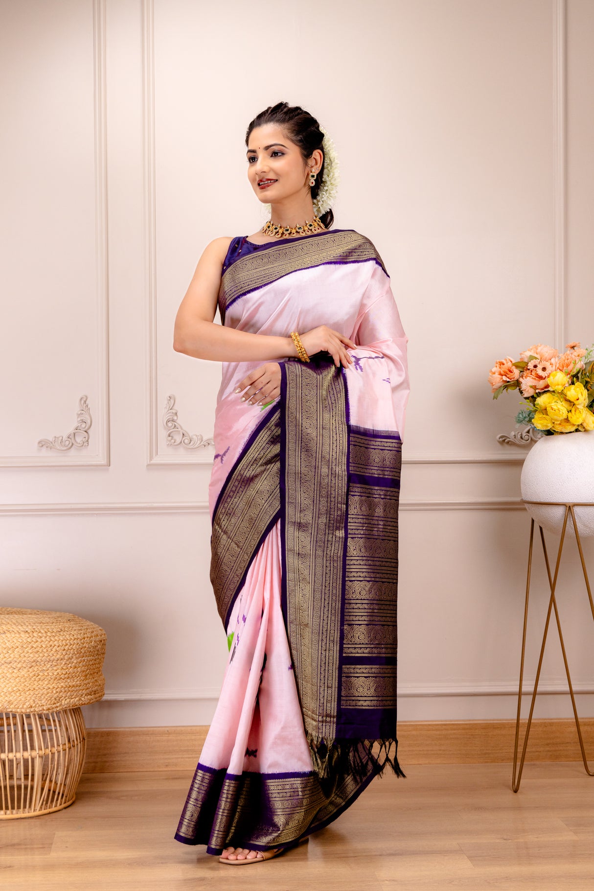 Ikkat Kanchipuram Fusion Handloom Pure Silk Crane Design With Pre-Stitched Blouse AUS