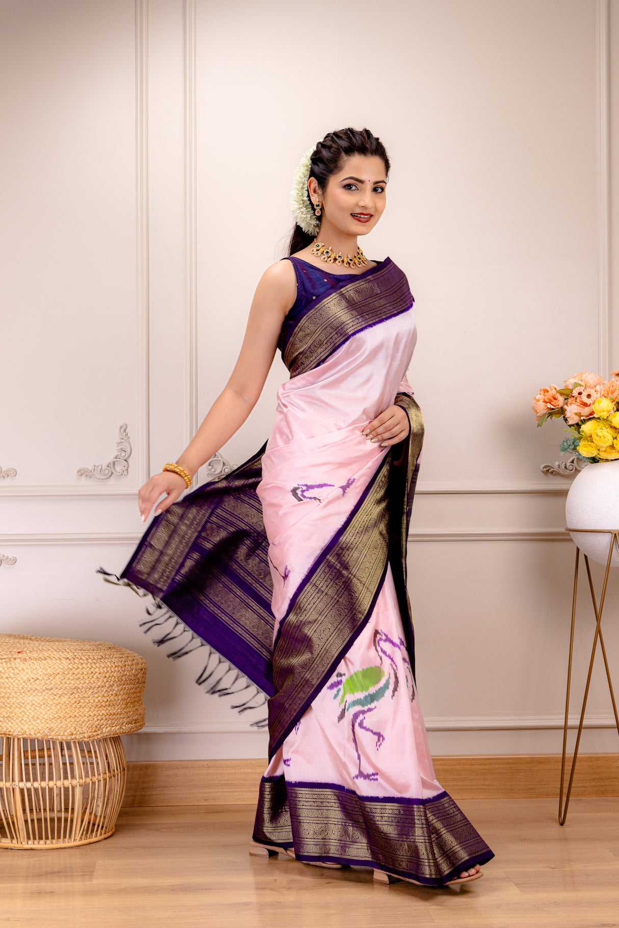 Ikkat Kanchipuram Fusion Handloom Pure Silk Crane Design With Pre-Stitched Blouse AUS