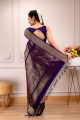 Ikkat Kanchipuram Fusion Handloom Pure Silk Crane Design With Pre-Stitched Blouse AUS