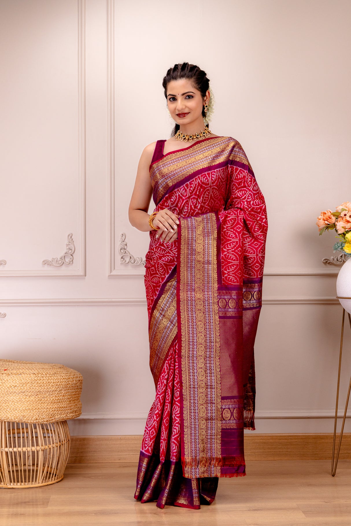 Ikkat Kanchipuram fusion Handloom Pure Silk with pre-Stitched Blouse AUS