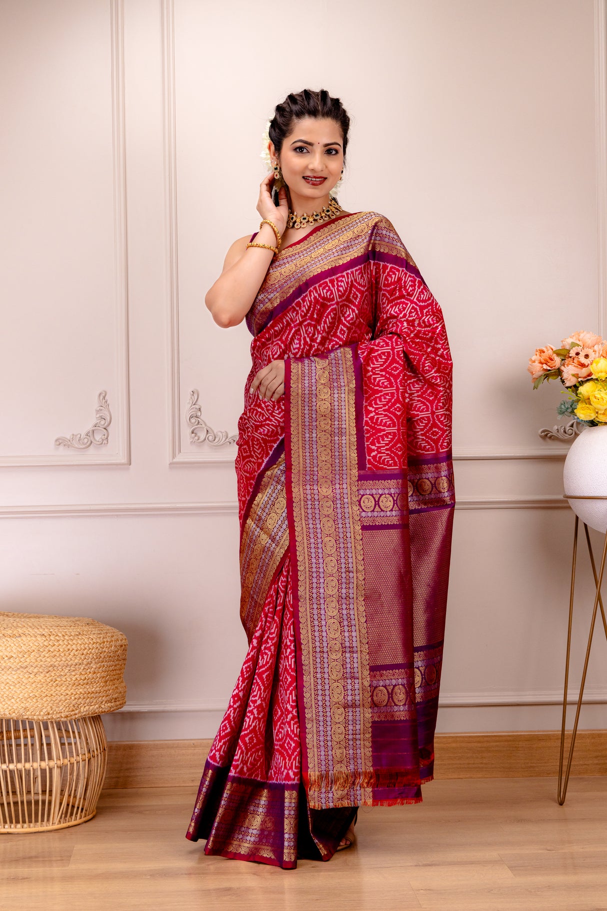 Ikkat Kanchipuram fusion Handloom Pure Silk with pre-Stitched Blouse AUS